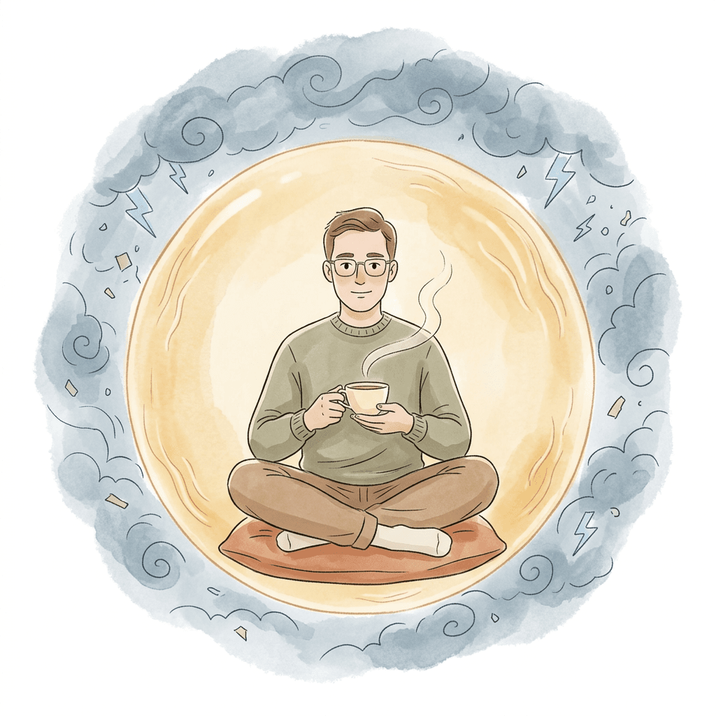 A person looking at their phone in a bright living room, expression measured and calm