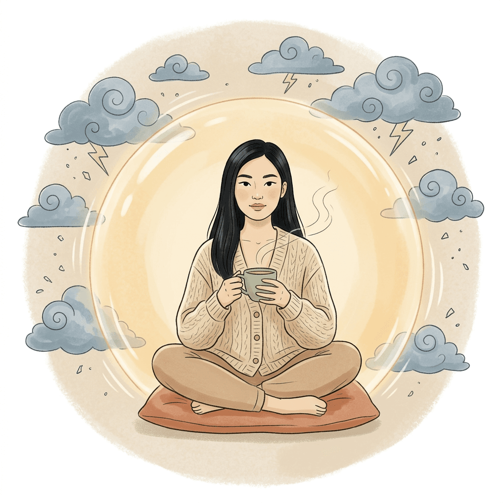 A person looking at their phone in a quiet park, expression calm and steady