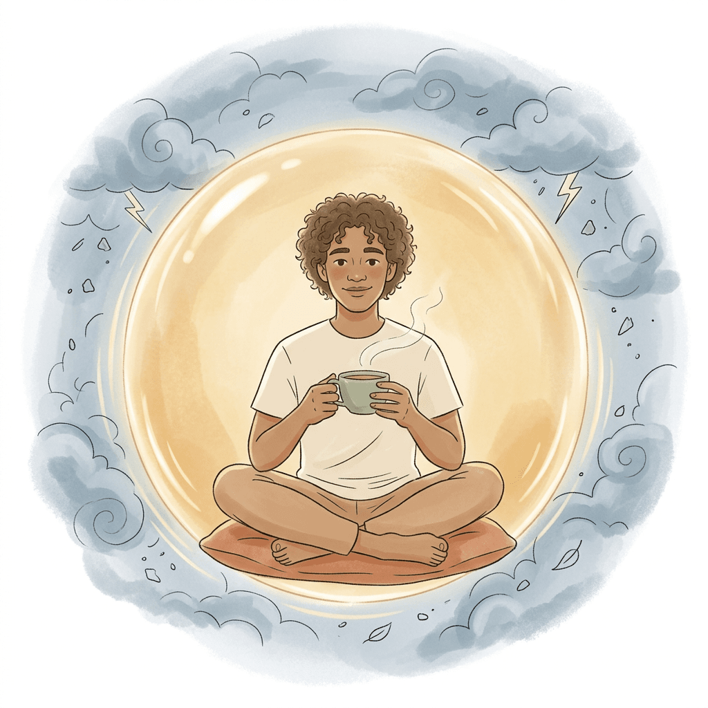 A shared apartment living room, a person calmly reading a text on the couch